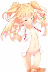  10s 1girl blonde_hair blush bracelet breasts clothes_pull covered_erect_nipples cum cum_string flat_chest green_eyes hato_haru highres idolmaster idolmaster_cinderella_girls jewelry jougasaki_rika loli long_hair navel one_eye_closed open_clothes open_shirt panties pink_panties shirt simple_background skirt skirt_pull small_breasts smile solo suggestive_fluid thigh_gap thighs two_side_up underwear white_background wink  rating:Explicit score:89 user:danbooru