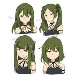  1girl alternate_hairstyle arm_strap blunt_bangs choker commentary cosplay cropped_shoulders english_text fern_(sousou_no_frieren) fern_(sousou_no_frieren)_(cosplay) frieren frieren_(cosplay) green_hair hair_between_eyes hair_down hair_ornament hair_over_shoulder hairclip highres hirasawa_yui hirasawa_yui_(cosplay) k-on! long_hair looking_at_viewer multiple_views o-ring o-ring_choker parted_bangs purple_eyes short_hair simple_background sousou_no_frieren symbol-only_commentary the_freakin_yui twintails ubel_(sousou_no_frieren) white_background 