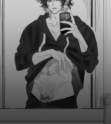 1boy 88in abs black_hoodie clothes_lift clothes_pull collarbone ear_piercing finger_piercing fingernails greyscale groin highres holding holding_phone hood hoodie male_focus male_pubic_hair medium_hair messy_hair mirror_selfie monochrome multicolored_hair navel_piercing original pants pants_pull parted_lips pectoral_cleavage pectorals penis penis_peek phone piercing pubic_hair reflection scar scar_on_stomach shirt_lift sleeves_rolled_up solo toned toned_male two-tone_hair upper_body veins 