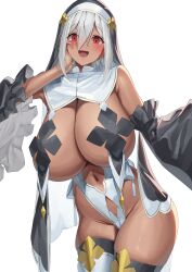  1girl :d absurdres bare_shoulders blush breasts cleavage commentary_request cowboy_shot detached_sleeves hair_between_eyes hand_up highres huge_breasts long_sleeves navel nun open_mouth original paid_reward_available red_eyes simple_background smile solo thighhighs thighs white_background white_hair white_thighhighs yamanokami_eaka  rating:Sensitive score:16 user:danbooru