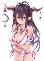 1girl antenna_hair bandaged_arm bandages bare_shoulders bikini blush breasts closed_mouth collarbone crescent danua draph fumikiri granblue_fantasy hair_between_eyes highres hip_focus horn_ornament horns jewelry large_breasts long_hair looking_at_viewer navel necklace pendant pointy_ears purple_hair red_eyes side-tie_bikini_bottom simple_background solo swimsuit white_background white_bikini rating:Sensitive score:11 user:danbooru