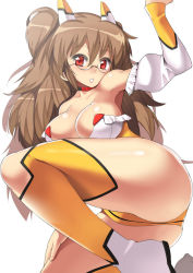 1girl bare_shoulders breasts brown_hair detached_sleeves diol_twee glasses large_breasts leotard long_hair nagase_haruhito otomedius red_eyes revealing_clothes solo two_side_up rating:Questionable score:63 user:danbooru