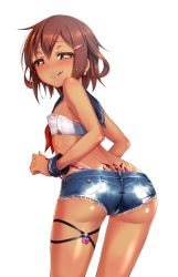 10s 1girl :p ass back_tattoo bikini_tan blush brown_eyes brown_hair corruption covered_erect_nipples cutoffs denim denim_shorts earrings fingernails flat_chest gyaru hair_ornament hairclip heart heart-shaped_lock heart-shaped_pupils highres ikazuchi_(kancolle) jewelry kantai_collection kogal legband licking_lips loli looking_at_viewer looking_back naughty_face panties panty_pull pussy_juice sailor_collar satou_kuuki short_hair short_shorts shorts simple_background solo sweat symbol-shaped_pupils tan tanline tattoo thigh_strap tongue tongue_out tramp_stamp underwear whale_tail_(clothing) wrist_cuffs rating:Explicit score:229 user:danbooru