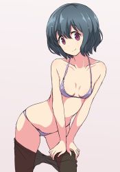  1girl black_pantyhose blue_hair blue_panties bob_cut bra breasts clothes_pull cowboy_shot grey_background head_tilt leaning_forward looking_at_viewer mature_female mel_(artist) panties pantyhose pantyhose_pull pulled_by_self purple_eyes shima_saki short_hair simple_background skindentation smile solo standing underwear underwear_only yurucamp  rating:Questionable score:39 user:BananaPajamas