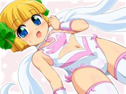 1girl blonde_hair blue_eyes blush bow clothing_cutout dragon_quest dragon_quest_v hero&#039;s_daughter_(dq5) konpeto loli looking_at_viewer navel navel_cutout nipples ribbon skin_tight square_enix sweat rating:Questionable score:45 user:KingJCT7