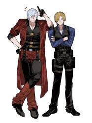  2boys ashuiashui119 backless_pants bishounen blonde_hair blue_eyes chaps coat crossover curtained_hair dante_(devil_may_cry) devil_may_cry devil_may_cry_(series) devil_may_cry_4 facial_hair fingerless_gloves full_body gloves hair_over_one_eye highres holding holster knife_sheath leon_s._kennedy look-alike looking_at_viewer male_focus multiple_boys muscular muscular_male one_eye_closed pants pectorals police police_uniform red_coat resident_evil resident_evil_6 sheath shoulder_holster simple_background smile trench_coat uniform upper_body white_hair 