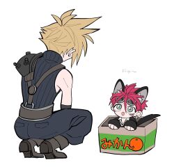 2boys animal_ears animal_hands armor belt black_pants black_suit black_tail blonde_hair boots box brown_footwear cardboard_box cat_boy cat_ears chibi cloud_strife earrings facial_mark final_fantasy final_fantasy_vii formal goggles goggles_on_head green_eyes in_box in_container jewelry large_belt looking_down male_focus mikan_box multiple_boys open_mouth pants pauldrons red_hair reno_(ff7) short_hair shoulder_armor silver_earrings single_earring single_pauldron sitting sleeveless sleeveless_turtleneck spiked_pauldrons squatting suit suspenders sweater tail translated ttnoooo turtleneck turtleneck_sweater white_background