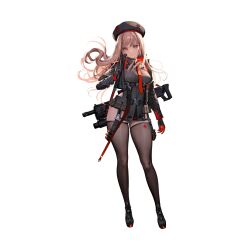  1girl absurdres backlighting black_gloves black_jacket brown_hair clothing_cutout curvy expressions full_body gloves goddess_of_victory:_nikke gun gun_sling hat highres holding holding_weapon jacket kim_hyung_tae leotard leotard_under_clothes long_hair looking_at_viewer official_art rapi_(nikke) shiny_skin solo sprite thigh_cutout thighhighs transparent_background uniform very_long_hair weapon wide_hips 