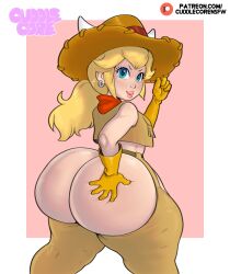  ass ass_cutout blonde_hair blue_eyes chaps clothing_cutout cowboy_hat cowgirl_peach cuddlecore earrings hand_on_own_ass hat huge_ass jewelry lipstick makeup mario_(series) nintendo pink_background ponytail princess_peach princess_peach:_showtime! revealing_clothes thick_thighs thighs 