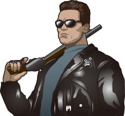  1boy arnold_schwarzenegger brown_hair camussteed gun jacket leather leather_jacket male_focus serious shotgun simple_background solo sunglasses t-800 terminator_(series) terminator_2:_judgment_day the_terminator weapon white_background 