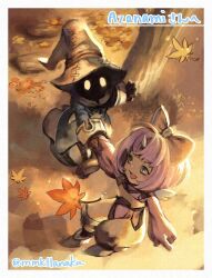 1boy 1girl autumn_leaves black_mage_(final_fantasy) blue_coat border bow coat eiko_carol falling_leaves final_fantasy final_fantasy_ix from_above full_body glowing glowing_eyes hair_bow hat holding_hands horns leaf long_sleeves open_mouth outdoors pointing purple_hair short_hair single_horn smile tree uboar vivi_ornitier white_border wizard_hat yellow_overalls