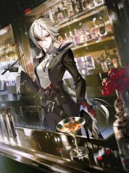  1girl arlecchino_(genshin_impact) artist_name bar_(place) black_eyes black_gloves black_hair black_suit breasts cowboy_shot cup drinking_glass english_text formal genshin_impact gloves hair_between_eyes haltootoo highres jewelry looking_at_viewer medium_breasts medium_hair multicolored_hair necklace parted_lips red_pupils shirt shot_glass solo standing streaked_hair suit symbol-shaped_pupils tagme white_hair white_shirt x-shaped_pupils 