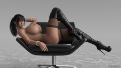  3d black_hair boots bracelet breasts chair highres huge_breasts jewelry large_nipples looking_at_viewer nail_polish nipples nude simple_background sitting smile tagme taziota_(artist) thighhighs  rating:Explicit score:4 user:Deathmachine