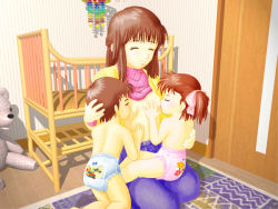  age_difference baby babyroom blush breast_sucking breastfeeding breasts brown_hair clothes_lift crib diaper double_breast_sucking shirt_lift  rating:Questionable score:91 user:lunk