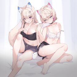  2girls :d absurdres alternate_costume animal_ear_fluff animal_ears arm_support armpit_crease artist_name bare_arms bare_legs bare_shoulders barefoot black_choker black_shorts black_tank_top blonde_hair blue_eyes blue_hair breasts bright_pupils center-flap_bangs choker cleavage closed_mouth collarbone colored_inner_animal_ears crop_top crossed_bangs dog_ears dog_girl dog_tail dolphin_shorts double-parted_bangs extra_ears fang frilled_shirt frills fuwawa_abyssgard grey_shorts hair_between_eyes hair_ornament hairclip highres hololive hololive_english hugging_tail knee_up large_breasts light_brown_hair long_hair looking_at_viewer midriff mococo_abyssgard multicolored_hair multiple_girls namiorii navel open_mouth pink_eyes pink_hair shirt short_hair short_shorts shorts simple_background single_off_shoulder sitting skin_fang sleeveless sleeveless_shirt small_breasts smile strap_slip streaked_hair tail tail_raised tank_top thighs toes two-tone_hair virtual_youtuber white_pupils white_shirt x_hair_ornament 