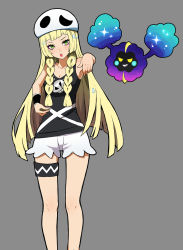  &gt;:o 1girl :o arm_up armpits arms_up blonde_hair blunt_bangs blush braid breasts cleavage commentary cosmog cosplay cowboy_shot creatures_(company) game_freak gen_7_pokemon green_eyes grin hat head_tilt highres jewelry lam_(ramdayo) legendary_pokemon lillie_(pokemon) looking_at_viewer necklace nintendo open_mouth outstretched_arm pendant poke_ball pokemon pokemon_sm shorts sleeveless small_breasts smile solo tank_top team_skull team_skull_(cosplay) team_skull_grunt teeth tsurime twin_braids v-shaped_eyebrows white_hat white_shorts wristband  rating:Sensitive score:57 user:Perv-Ultra