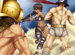 1girl 2boys blood dark_skin fighting gladiator multiple_boys muscular short_hair sword weapon rating:Questionable score:18 user:otakud00d