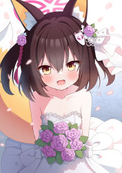  1girl animal_ear_fluff animal_ears azel_(laevateinn495) blue_archive blush bouquet brown_hair dress fang flower fox_ears fox_tail hair_between_eyes halo highres holding holding_bouquet izuna_(blue_archive) looking_at_viewer open_mouth pink_flower pink_halo short_hair smile solo tail wedding_dress white_dress yellow_eyes 