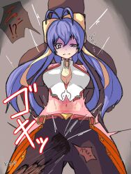  !? 1boy 1girl antenna_hair bare_shoulders blazblue blazblue:_central_fiction blazblue_variable_heart bow cowboy_shot crying genderswap genderswap_(mtf) hair_between_eyes hair_bow halterneck hip_vent long_hair mai_natsume midriff no_bra pants pink_eyes ponytail restrained sidelocks tearing_up tears yellow_bow 