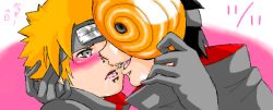  2boys akatsuki_(naruto) black_hair blush kiss male_focus mask multiple_boys naruto_(series) naruto_shippuuden ninja orange_hair pain_(naruto) piercing pixiv_sample resized tobi_(naruto) yaoi  rating:Sensitive score:2 user:tomberry44