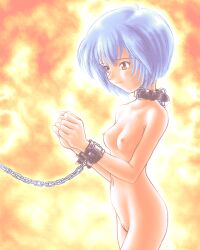  1girl ayanami_rei black_collar blue_hair bound bound_wrists breasts chain closed_mouth collar completely_nude cowboy_shot cuffs dithering from_side goto_p groin hands_up leash looking_ahead navel neon_genesis_evangelion nipples non-web_source nude orange_background pc-98_(style) pixel_art pussy red_eyes shackles short_hair small_breasts solo standing tearing_up 