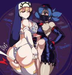  +_+ 1boy 2girls absurdres between_breasts black_gloves black_nightgown blonde_hair blue_hair blush bra breasts captain_kirb cum double_(skullgirls) elbow_gloves english_text eyepatch faceless faceless_male femdom girl_sandwich gloves hand_on_another&#039;s_chest head_between_breasts highres large_breasts lingerie multiple_girls nightgown nun nurse one-eyed panties penis red_eyes sandwiched shota skullgirls smother thick_thighs thigh_sex thighs underwear valentine_(skullgirls) white_bra white_panties  rating:Explicit score:242 user:danbooru