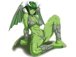  1girl arm_support breasts colored_skin commentary_request demon_girl demon_horns demon_tail demon_wings frown full_body fushisha_o green_eyes green_hair green_skin horns large_breasts muscular muscular_female navel original revealing_clothes short_hair sitting solo tail wings 