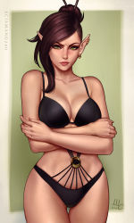 1girl bare_arms bare_shoulders bikini black_bikini blue_eyes blush borrowed_character breasts brown_hair cleavage closed_mouth commentary cowboy_shot crossed_legs dated deviantart_username ear_piercing earrings elf english_commentary fingernails hair_bun hair_ornament hairpin highres jewelry large_breasts looking_at_viewer original piercing pointy_ears realistic sciamano240 signature single_hair_bun solo swimsuit thigh_gap rating:Sensitive score:83 user:danbooru