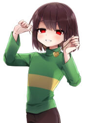  1other blush bob_cut brown_hair brown_pants chara_(undertale) commentary_request fingernails green_sweater grin hands_up heart heart_necklace highres holding holding_jewelry holding_necklace jewelry leftporygon long_sleeves necklace no_pupils pants red_eyes short_hair smile striped_clothes striped_sweater sweater turtleneck turtleneck_sweater undertale upper_body white_background yellow_sweater 