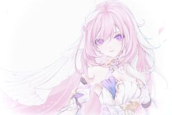  1girl absurdres bare_shoulders breasts bridal_veil chinese_commentary cleavage commentary commentary_request detached_sleeves diamond-shaped_pupils diamond_(shape) dress elysia_(herrscher_of_human:ego)_(honkai_impact) elysia_(honkai_impact) english_commentary eyes_visible_through_hair hair_intakes hair_ornament hair_over_one_eye highres honkai_(series) honkai_impact_3rd large_breasts long_hair looking_at_viewer mixed-language_commentary multicolored_hair o-ring_dress pink_hair pink_petals pink_pupils pointy_ears purple_eyes rika_mayuzumi sidelocks simple_background smile solo streaked_hair symbol-shaped_pupils upper_body veil very_long_hair white_background white_dress white_sleeves white_veil 