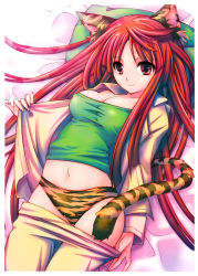  1girl absurdres animal_print breasts cleavage clothes_pull highres long_hair lying navel on_back original pajamas panties pants pants_pull pillow pulled_by_self red_eyes red_hair small_breasts smile solo strapless tail takumi_namuchi tiger_print tiger_tail tube_top underwear undressing 