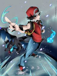 1boy absurdres blue_fire brown_eyes brown_hair charizard creatures_(company) fire flatpancakesjim flying game_freak gen_1_pokemon grin hat highres holding holding_clothes holding_hat jacket looking_at_viewer male_focus mega_charizard_x mega_pokemon mt._silver nintendo pointing poke_ball pokemon pokemon_hgss red_(pokemon) red_(pokemon_frlg) smile snow snowing