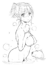  1girl absurdres animal blush breasts capybara closed_mouth embarrassed greyscale guri_(bluedrop) hands_on_own_chest high_ponytail highres large_breasts looking_at_viewer monochrome nipples nude onsen otter partially_submerged ponytail short_hair simple_background sketch solo steam tagme wading water white_background 