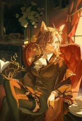  1girl absurdres animal_ear_fluff animal_ears arknights armchair ascot black_coat black_jacket black_nails black_thighhighs book brown_eyes brown_hair cabinet chair closed_mouth coat commentary_request crossed_legs cup curtains expressionless feet_out_of_frame flower highres holding holding_book indoors inkwell jacket long_hair long_sleeves looking_to_the_side mole_above_eye open_book penance_(arknights) picture_frame rose sanmu saucer sitting solo teacup thighhighs vase white_ascot white_flower white_rose window wolf_ears wolf_girl 