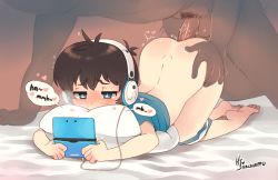  2boys age_difference anal artist_name ass bad_id bad_pixiv_id barefoot bed blue_eyes blush brown_hair cum doggystyle face_in_pillow full-face_blush hand_on_own_hip handheld_game_console headphones heart kalechip lying male_focus male_penetrated male_pubic_hair multiple_boys multitasking nintendo_3ds onii-shota original penis pillow playing_games pubic_hair sex sex_from_behind short_hair short_sleeves shorts shorts_around_one_leg shota spoken_heart top-down_bottom-up uncensored yaoi  rating:Explicit score:788 user:danbooru
