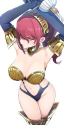  1girl absurdres armor armpits arms_up bikini_armor breasts elbow_gloves gloves high-cut_armor_(persona) highres kamiya_zuzu kirijou_mitsuru large_breasts legs_together light_blush looking_at_viewer navel official_alternate_costume persona persona_3 ponytail red_eyes red_hair revealing_clothes simple_background solo stomach sword thighhighs thighs weapon  rating:Sensitive score:57 user:danbooru