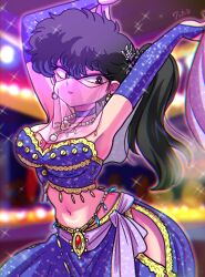  1girl armpit_peek arms_up belly_dancing belt black_hair blurry blurry_background breasts bridal_gauntlets choker cleavage dancing earrings eyeshadow frilled_bustier gloves gold_belt gold_necklace grey_eyes hair_ornament harem_outfit highres hip_vent jewelry kunou_kodachi large_breasts looking_at_viewer loose_skirt makeup mouth_veil narrow_waist navel necklace pearl_earrings pink_eyeshadow purple_belt purple_bridal_gauntlets purple_bustier purple_choker purple_gloves purple_skirt ranma_1/2 side_ponytail signature silk skirt sparkle sparkle_print veil waist_jewel wanta_(futoshi) wide_hips  rating:Sensitive score:5 user:danbooru