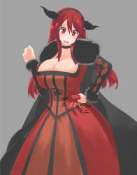 10s 1girl absurdres belly_grab breasts cape choker cleavage demon_girl dress hairband highres horns huge_breasts maou_(maoyuu) maoyuu_maou_yuusha marimo_maru red_eyes red_hair solo striped vertical_stripes weight_conscious rating:Sensitive score:42 user:danbooru