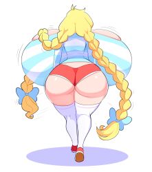  1girl absurdres ass blonde_hair braid breasts cassie_(theycallhimcake) curvy female_focus full_body gigantic_breasts highres huge_ass long_hair shiny_skin shirt shoes simple_background sneakers socks solo striped_clothes striped_shirt theycallhimcake very_long_hair 