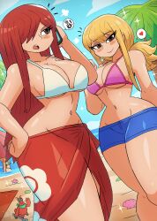  1boy 3girls absurdres angry animal another_crab&#039;s_treasure bandana beach beach_towel beach_umbrella bikini bikini_top_only blonde_hair blue_shorts blush breasts brown_eyes cellphone clam_shell cleavage cloud collarbone crab crossover denim denim_shorts erza_scarlet fairy_tail floral_print fork green_bandana green_bikini hair_over_one_eye hand_on_own_hip heart highres holding kril_(another_crab&#039;s_treasure) large_breasts long_hair looking_at_viewer low_twintails lucy_heartfilia multiple_girls navel ocean open_mouth orange_hair palm_tree phone pink_bikini print_sarong puff_of_air red_hair red_sarong sand sarong seashell shell shorts sky smartphone smile sparkle speech_bubble spoken_heart standing swimsuit talking_on_phone teeth thick_thighs thighs tony_welt towel tree twintails umbrella water waving white_bikini wide_hips  rating:Sensitive score:9 user:cpee