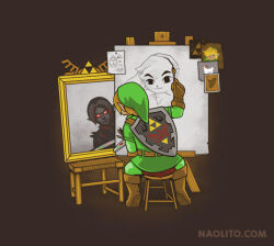  2boys boots brown_footwear brown_gloves canvas_(object) chair commentary cucco dark_link drawing english_commentary fine_art_parody full_body gloves glowing glowing_eyes green_tunic holding holding_paintbrush holding_palette instrument link looking_at_mirror mirror multiple_boys nacho_diaz nintendo ocarina on_chair paintbrush palette_(object) parody shield simple_background sitting the_legend_of_zelda toon_link triforce triple_self-portrait_(norman_rockwell) 