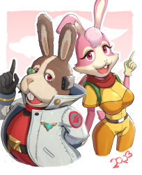 1boy 1girl breasts father_and_daughter furry furry_female furry_male gloves gonzarez grey_fur highres large_breasts lucy_hare nintendo peppy_hare pink_fur rabbit rabbit_girl rabbit_tail scarf star_fox 