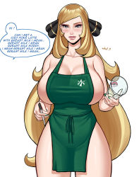  1girl absurdres apron barista breasts cleavage collarbone cowboy_shot creatures_(company) cup curvy cynthia_(pokemon) disposable_cup english_text facing_viewer game_freak gen_3_pokemon green_apron highres holding holding_cup iced_latte_with_breast_milk_(meme) large_breasts logo_parody long_hair looking_at_viewer marker meme milotic naked_apron nintendo otto_cubze parted_lips poke_ball pokemon pokemon_(creature) pokemon_dppt sideboob simple_background solo speech_bubble standing starbucks text_focus thick_lips white_background 