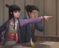 1boy 1girl ace_attorney banana_peel beads black_hair capcom desk facepalm formal green_eyes hair_bun hand_on_own_hip indoors japanese_clothes jewelry maya_fey necklace necktie phoenix_wright pointing single_hair_bun suit sweatdrop yagaminoue rating:Questionable score:17 user:dmysta3000