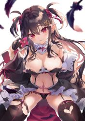 1girl bare_shoulders black_gloves black_hair black_panties black_skirt black_thighhighs blurry breasts cleavage closed_mouth detached_collar feathers garter_straps gloves groin hair_ornament hairclip hand_up highres kedama_milk large_breasts long_hair long_sleeves looking_at_viewer midriff navel off_shoulder original panties pointy_ears puffy_sleeves red_eyes revealing_clothes showgirl_skirt sidelocks skindentation skirt solo stomach string_panties suspenders thighhighs two_side_up underwear very_long_hair rating:Sensitive score:17 user:danbooru
