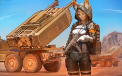  1girl absurdres ammunition_pouch animal_ear_fluff animal_ears armband backpack bag bike_shorts brown_hair callisto_(greyeth) commission desert ganet_p gloves grey_hoodie gun highres hood hoodie leaf long_bangs looking_at_viewer m142_himars maple_leaf multiple_thigh_straps orange_eyes original pouch rotoscoping second-party_source sig_mpx submachine_gun tactical_clothes thigh_strap trigger_discipline weapon white_gloves 