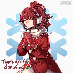  1girl anna_(fire_emblem) blush commentary dress earmuffs fire_emblem fire_emblem_awakening fire_emblem_fates gzei highres medium_hair mittens nintendo nose_blush ponytail red_dress red_eyes red_hair red_mittens scarf solo sweater sweater_dress twitter_username upper_body white_background white_scarf 