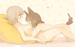 2girls all_fours animal_ears between_breasts blush breast_smother breasts brown_eyes brown_hair dog_ears dog_tail face_to_breasts foomi from_side girl_on_top head_between_breasts heart hug looking_at_another lying multiple_girls nude on_back original pillow profile short_hair sideboob smile spoken_heart tail thought_bubble yuri rating:Questionable score:57 user:danbooru