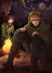 2boys absurdres bare_shoulders black_hair blonde_hair blue_eyes boots brown_footwear brown_pants campfire chinese_clothes closed_mouth cloud cloudy_sky commentary commission english_commentary fire green_jacket highres husk57 jacket jaune_arc lie_ren long_hair long_sleeves male_focus medibang_paint_(medium) moon multiple_boys night night_sky outdoors pants pink_eyes rwby sitting sky 