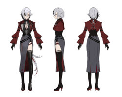  1girl absurdres arlecchino_(genshin_impact) black_eyes black_hair character_sheet full_body genshin_impact grey_hair hair_between_eyes high_heels highres itefu long_sleeves multicolored_hair multiple_views official_alternate_costume red_hair red_pupils smile solo standing streaked_hair symbol-shaped_pupils thighhighs turnaround x-shaped_pupils 